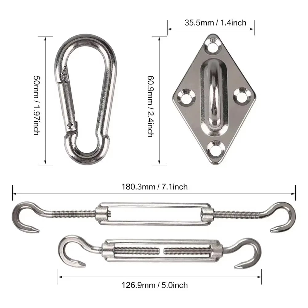 Sun Shade Sail Canopy Accessory 24Pcs/Set 304 Stainless Steel Hardware Kit Turnbuckle Pad Eye Carabiner Clip Hook Screws Silver